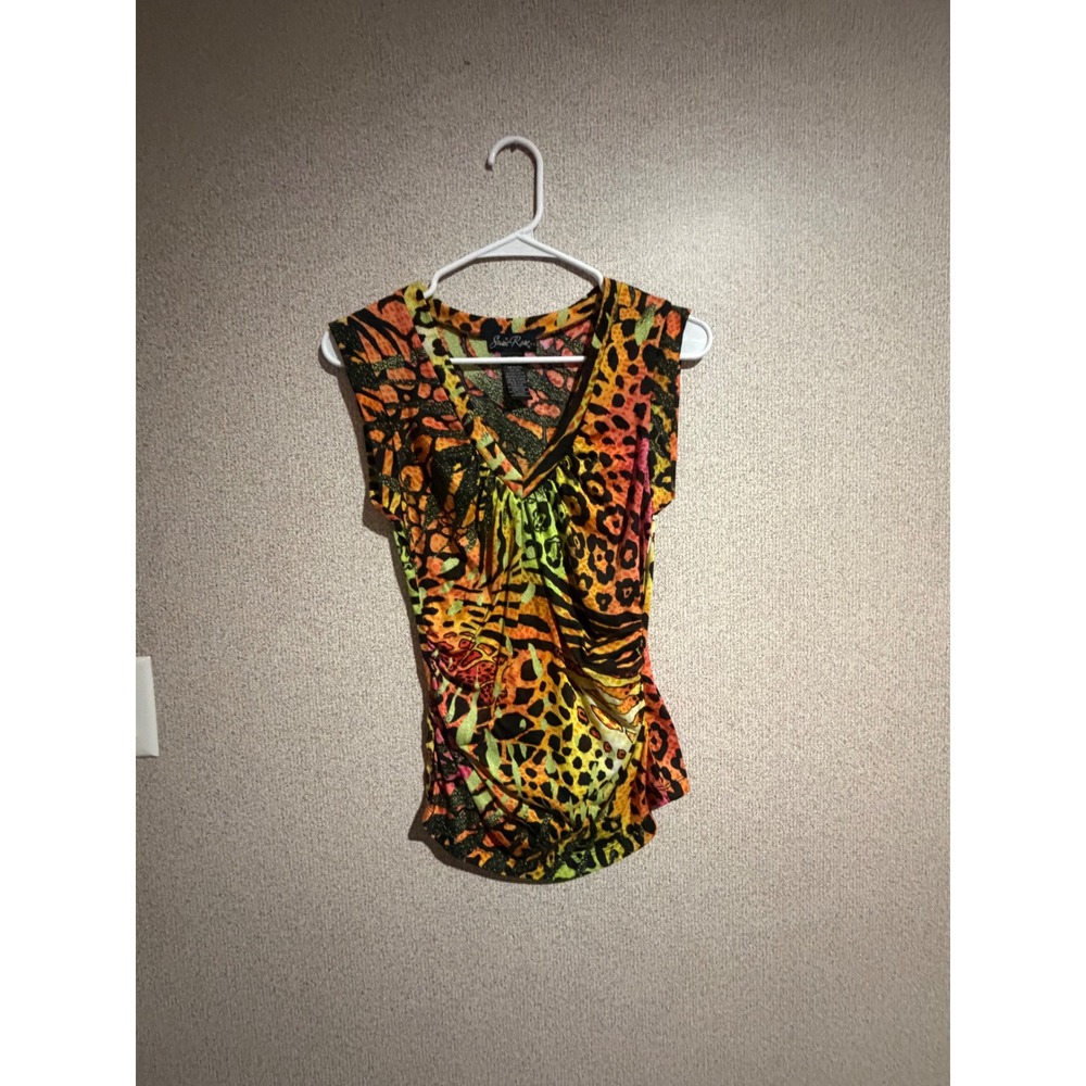 Susie Rose Womens Sleeveless V-Neck Animal Print Ruched Top Multicolor Medium
